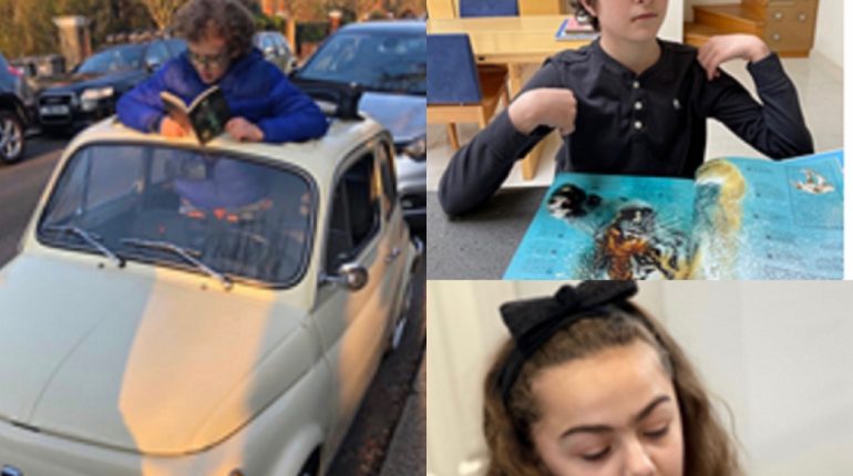 A picture of a kid stood up ot of the oover head window of a car reading a book, with thwo other children also reading in separate images on the right.