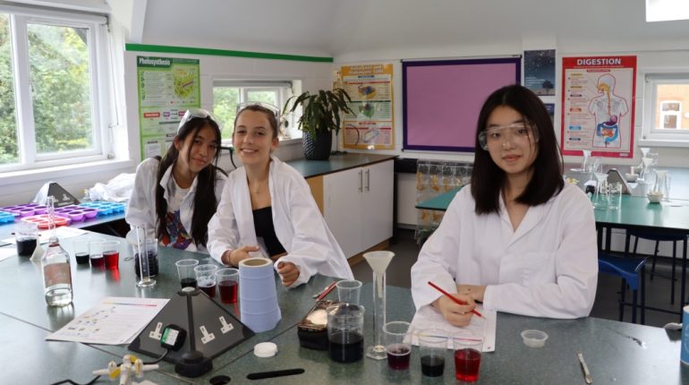 girls in a science lab