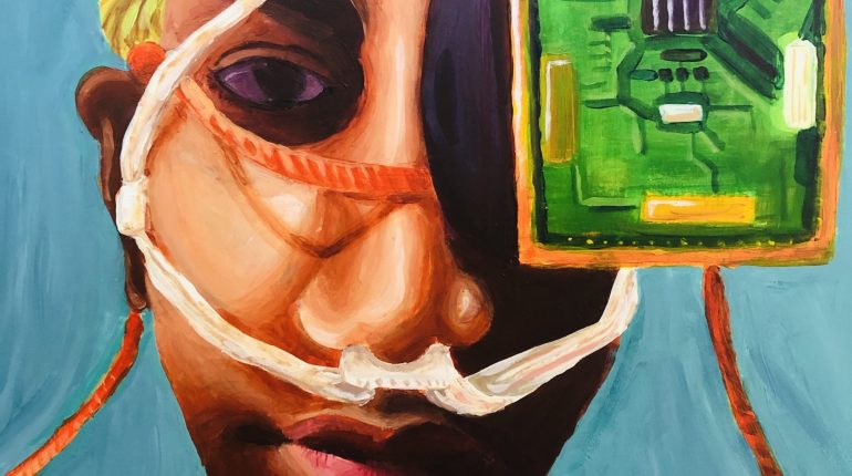 painting of man with wires on his face