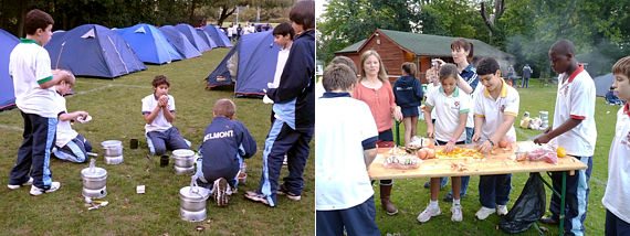 Children coking and camping